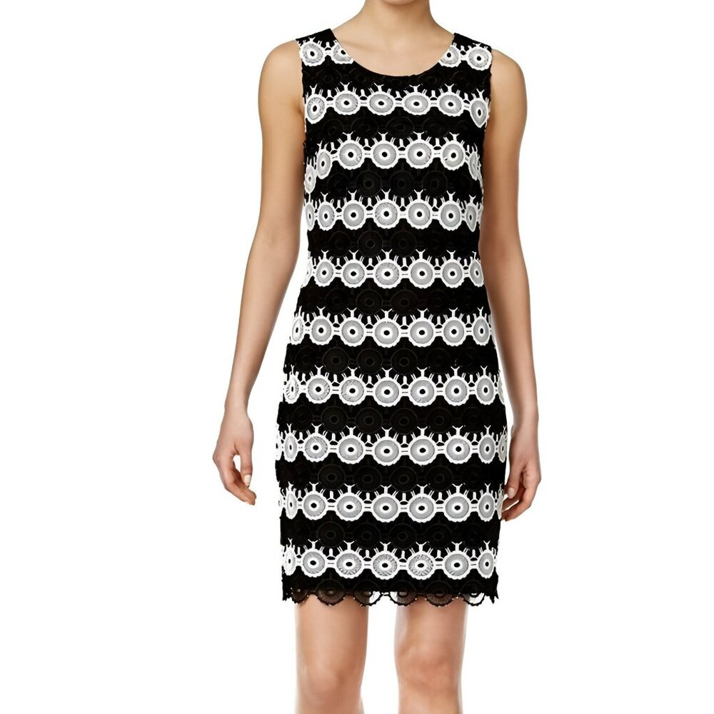 Tommy Hilfiger Black White Geometric Crochet knit Shift Fitted Sheath Dress 10 M